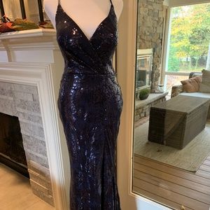David's Bridal Prom Long Sequins Navy Blue Dress Size 6